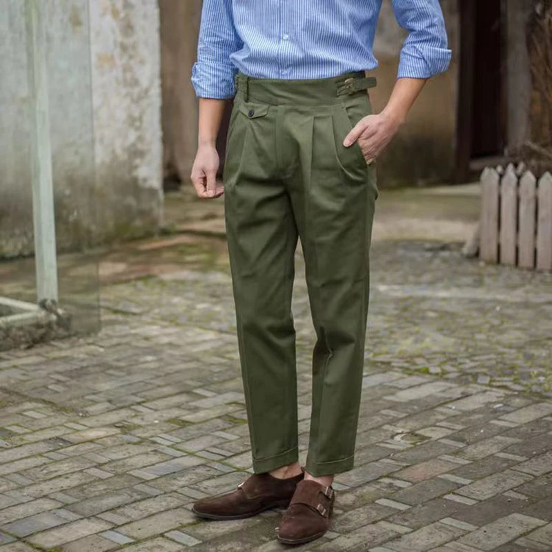 HEARUJOY  -  Vintage Green Gurkha Pants For Men Adjustable Waist Buckle Cotton Naples Trousers Fashion Casual Loose Ankle-Length Cargo Pants