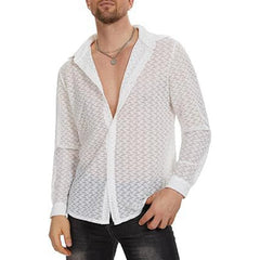 Hearujoy Mens Sexy See-Through Casual Long-Sleeved Shirt Genderless Simple Thin Basic Versatile Loose Solid Color Printed Top Unisex