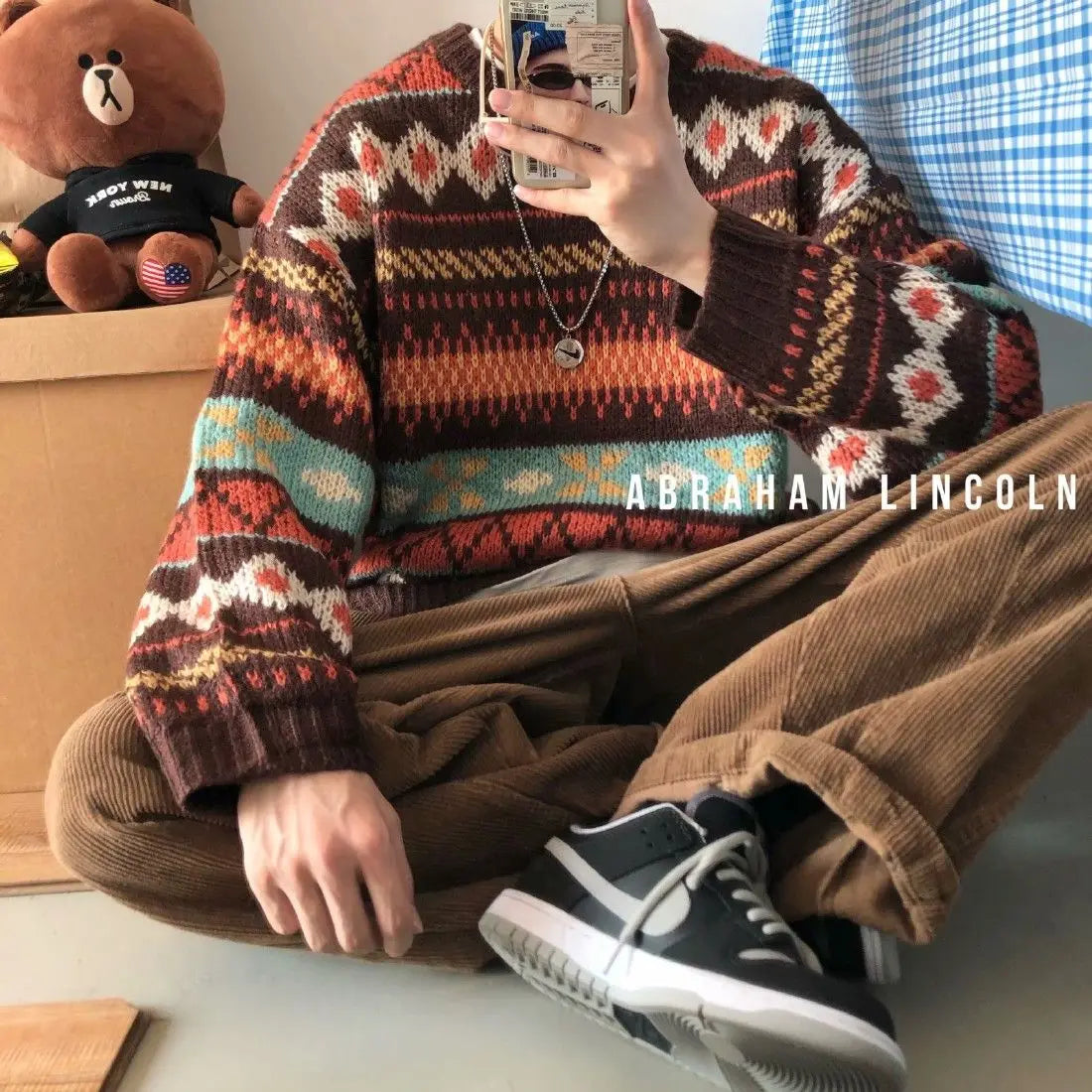 Hearujoy Harajuku Style Sweater Men's Loose Casual Round Neck Knitted Sweater Korean Version Trendy Ins Hong Kong Style Versatile Sweater