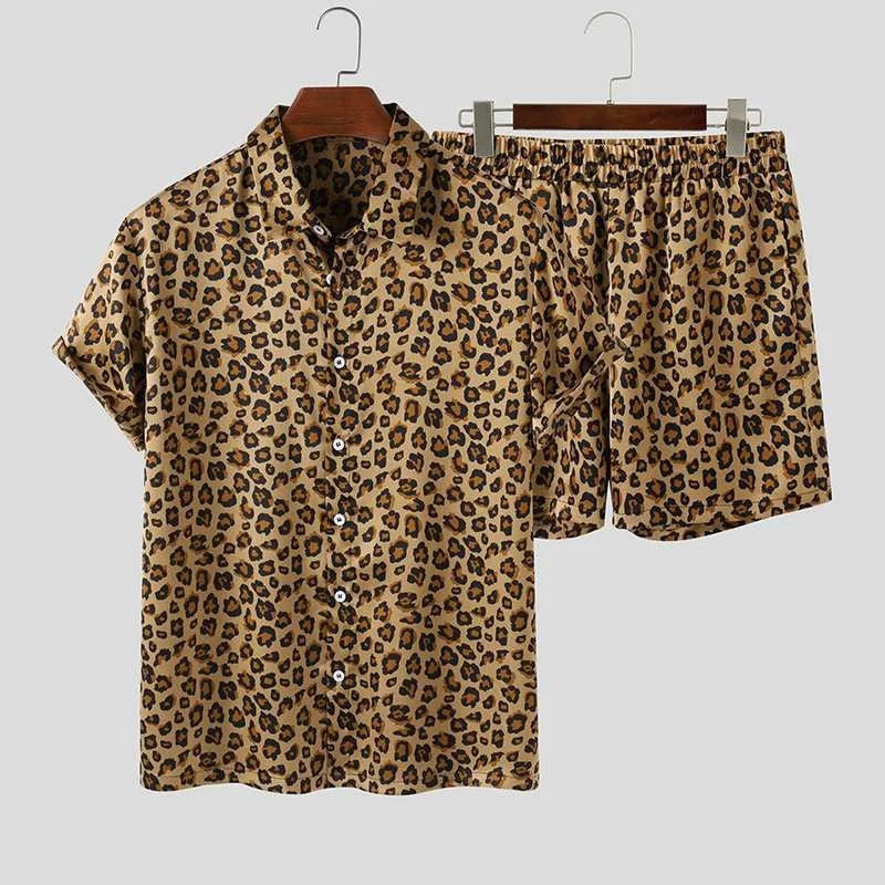 HEARUJOY  -  Summer Men's Fashion Leopard Print Sets Elegant Social Shirt + Shorts Two Piece Set Luxury Men Outerwear Suit
