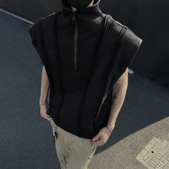 HEARUJOY  -  Mens Half Zipper Shoulder Pad Vest Streetwear Fashion Stand Collar Plain Personality Sleeveless Top Men'S Clothing 2025 New