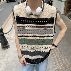 Hearujoy Fashion Knitted Vest Y2k Streetwear Trend Hollow Sleeveless Top Men's Striped Contrast Color Loose Tank Tops Genderless Clothing