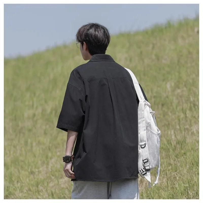 HEARUJOY  -  Retro Japanese Men's Casual Short Sleeve Shirt Spring Summer Loose Fit Versatile Youth Button Loose Half Sleeve Blouse Shirts