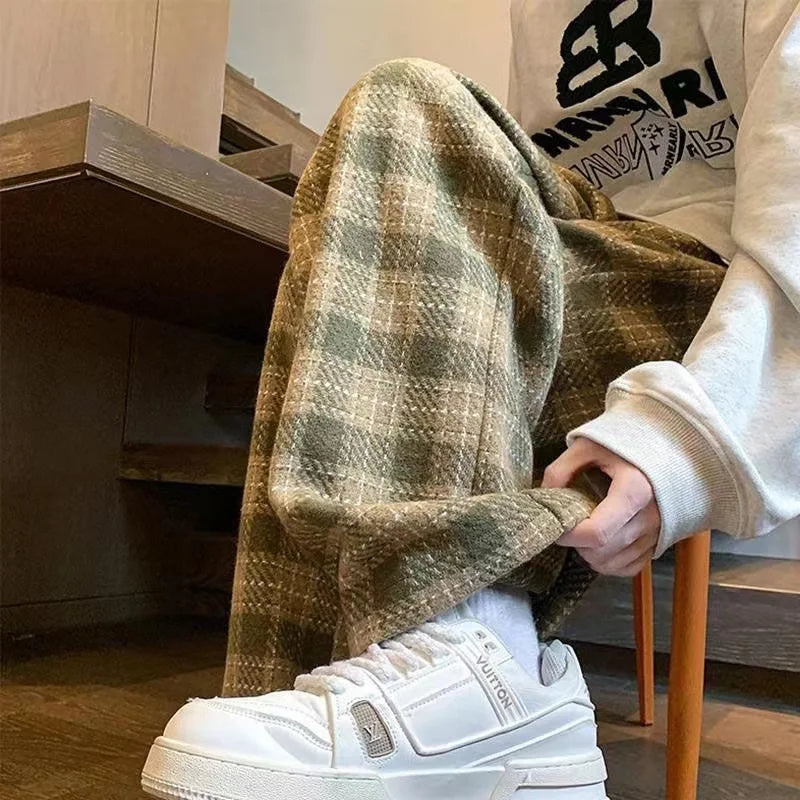 Hearujoy Green Plaid Pants Men Harajuku Winter Wide Leg Checked Trousers Male Oversize Big Size Casual Sweatpants Streetwear