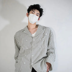HEARUJOY  -  Long Sleeved Shirt Men Fashion Society Mens White Dress Shirt Korean Loose Blue Striped Shirt Mens Double Breasted Casual Shirt