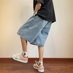 Hearujoy Summer Denim Shorts for Men Korean Harajuku Retro All-Match Baggy Straight Bottoms Wide-Leg High Street Five-Point Jeans Pants