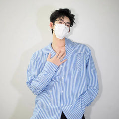 HEARUJOY  -  Long Sleeved Shirt Men Fashion Society Mens White Dress Shirt Korean Loose Blue Striped Shirt Mens Double Breasted Casual Shirt