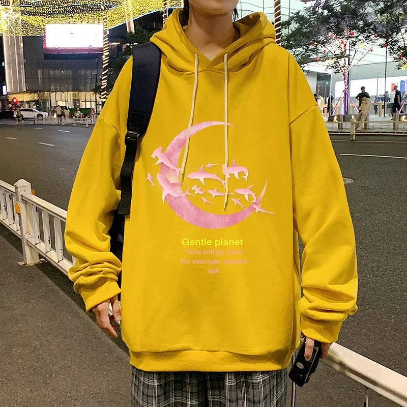 HEARUJOY  -  Funny Men's Oversized Hoodie Off White Hoodies with Hat Oversize for Men Moon Print 5XL Man Casual Wear Hoody Male Sweatshirt