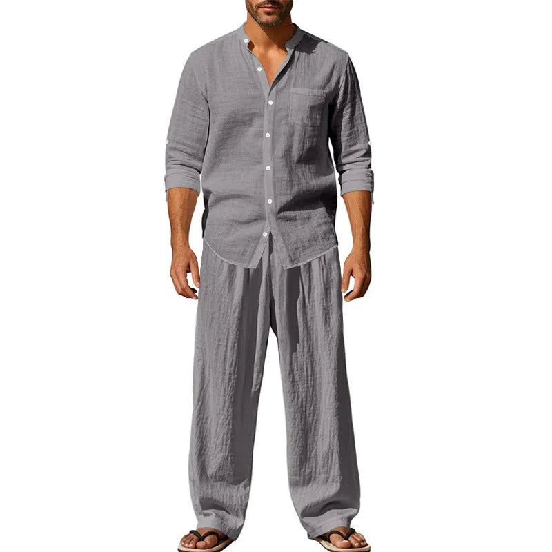 HEARUJOY  -  Men's Four-season Linen Loose and Breathable Long-sleeved Shirt, Casual Long Pants, Beach Suit