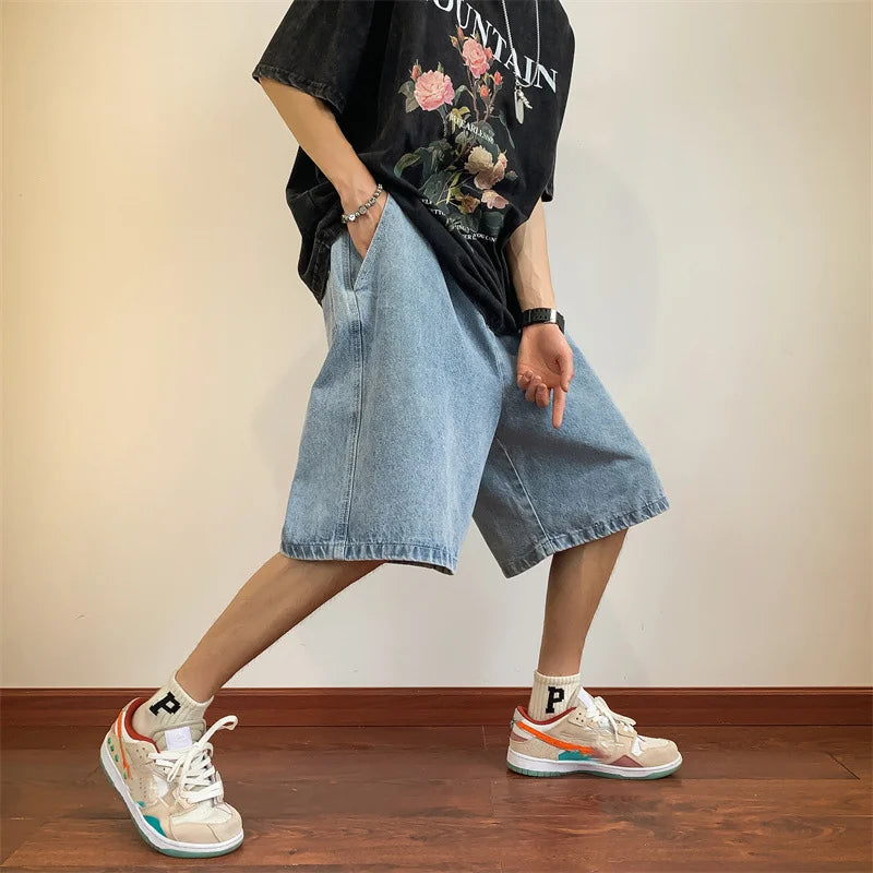 Hearujoy Summer Denim Shorts for Men Korean Harajuku Retro All-Match Baggy Straight Bottoms Wide-Leg High Street Five-Point Jeans Pants