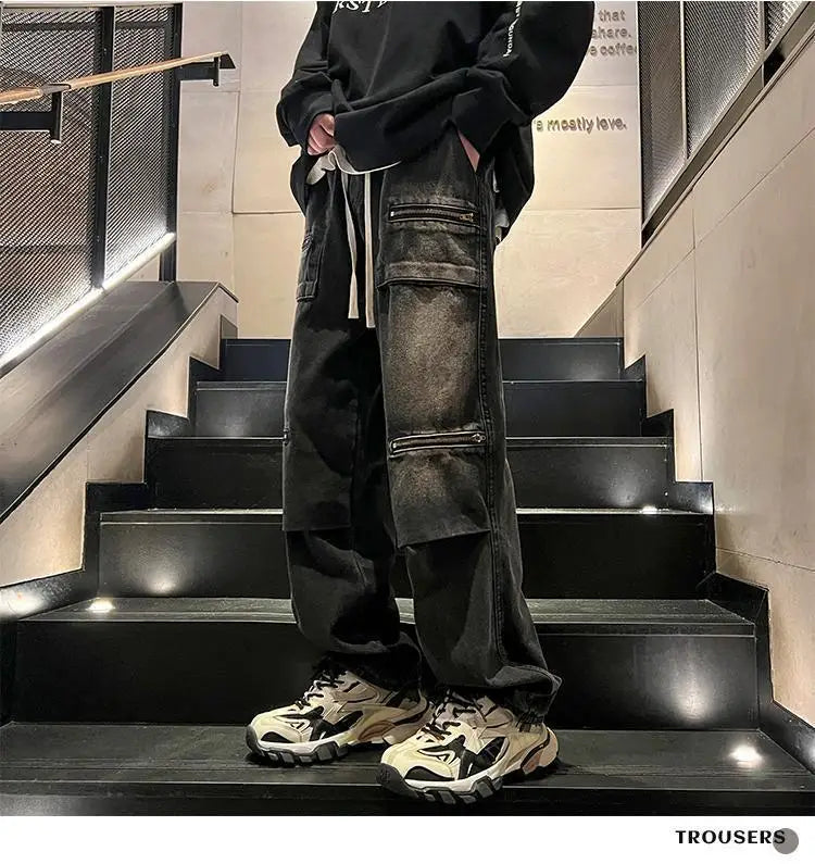 Hearujoy Oversize Zipper Workwear Jeans Straight Tube Loose American Plus Size Men's Pants High Street Vibe Trendy Brand Hip-hop