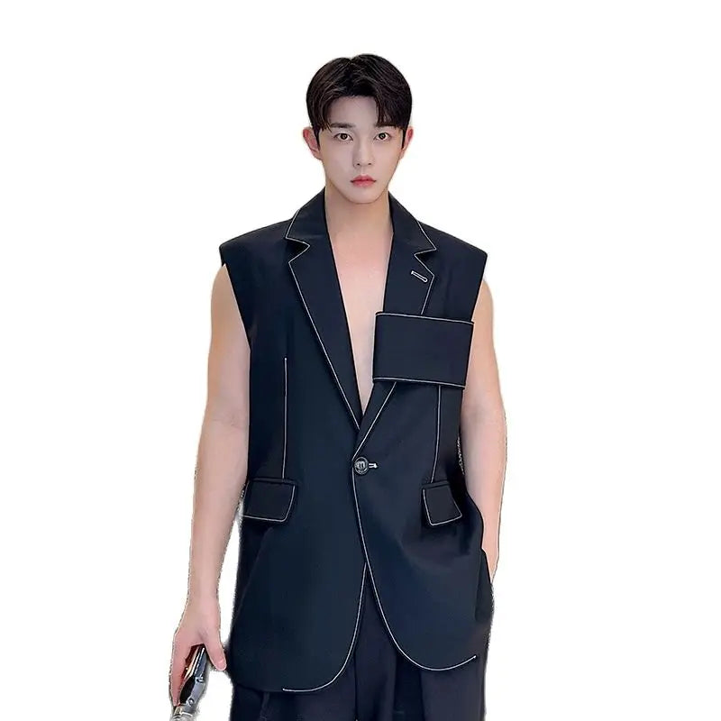 Hearujoy Personality Korean Fashion Design Long Suit Vest Mens Casual Long Suit Waistcoat Chic Style Sleeveless Jacket Gilet Homme