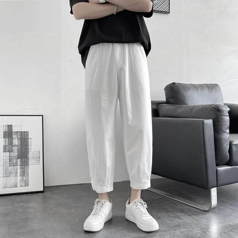 HEARUJOY  -  Summer Loose Solid Color Thin Men's Casual Harem Pants Harajuku Fashion Aesthetic Korean Style Designer Male Cropped Trousers