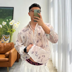 Hearujoy Men's Sexy Mesh Shirt See-through Floral Shirts Spring Summer New Long-sleeved Blouse Trend Fashion Home LGBT Casual Clothing