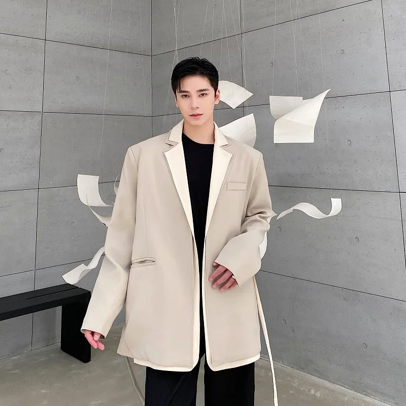 Hearujoy Autumn winter NewAutumn Clothing Koean Casual Fake Two Pieces Loose Simple Long Sleeve Blazers Belt Suit Coat For Male