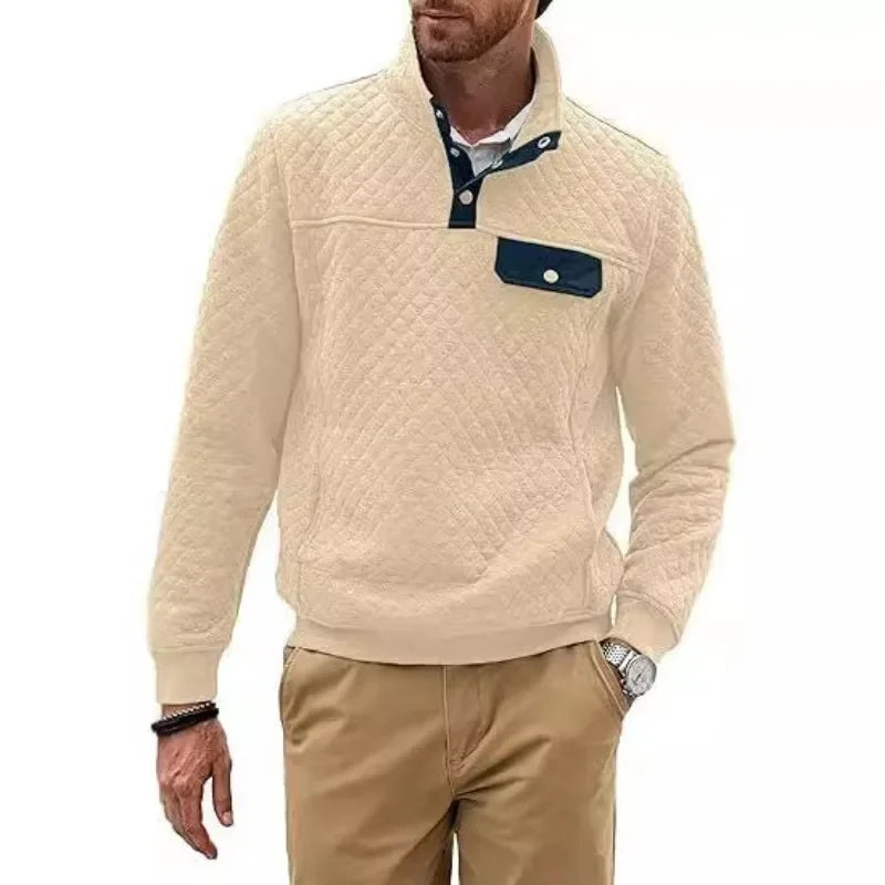 HEARUJOY  -  Men's Spring and Fall Quilted Sweatshirt Casual Long Sleeve Outdoor Stand Collar Button Pullover Sweatshirt