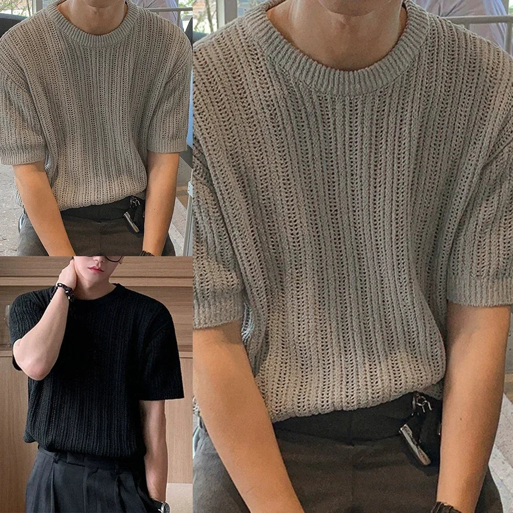HEARUJOY  -  Fashion Knitted T-shirt For Men Top Tshirt Loose Fit Knitted Top Regular Length Garment Slight Stretch Material