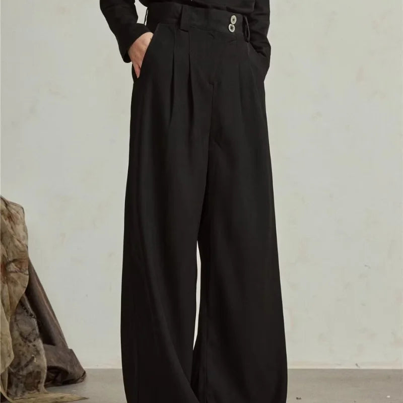 HEARUJOY  -  Mens Wide Leg Pants Retro Simplicity High Waisted Fashion Straight Leg Suit Trousers Button Trend Solid Pantalones Thin