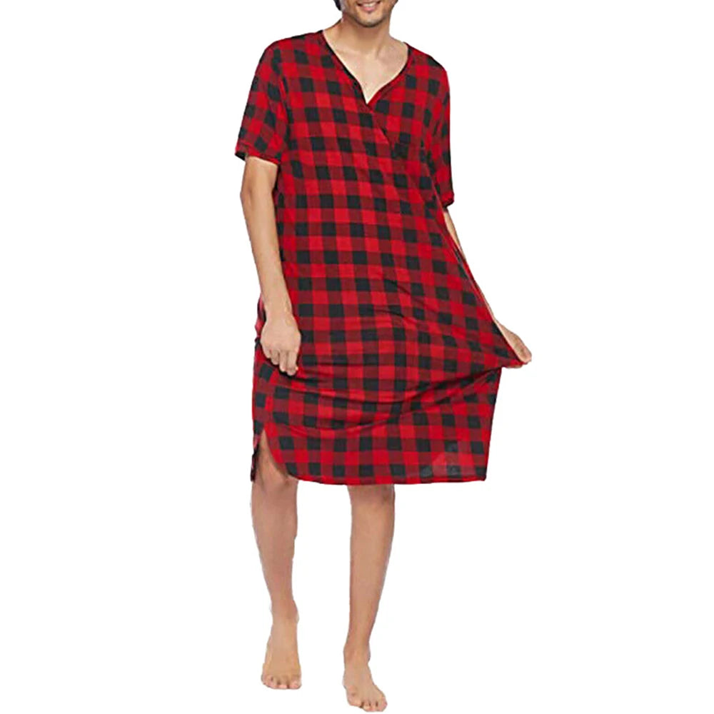 Hearujoy Mens Casual Home Plaid Nightgown Gender-Neutral Loose Printed Simple Short-Sleeved Thin Home Wear Unisex