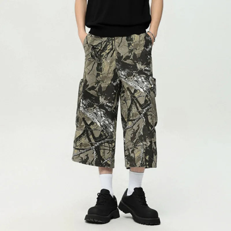 Hearujoy American Style Men Graffiti Cropped Trousers Summer Fashion Casual  Straight Wide Leg Male Shorts Camouflage Color 9C6630