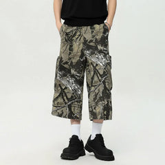 Hearujoy American Style Men Graffiti Cropped Trousers Summer Fashion Casual  Straight Wide Leg Male Shorts Camouflage Color 9C6630