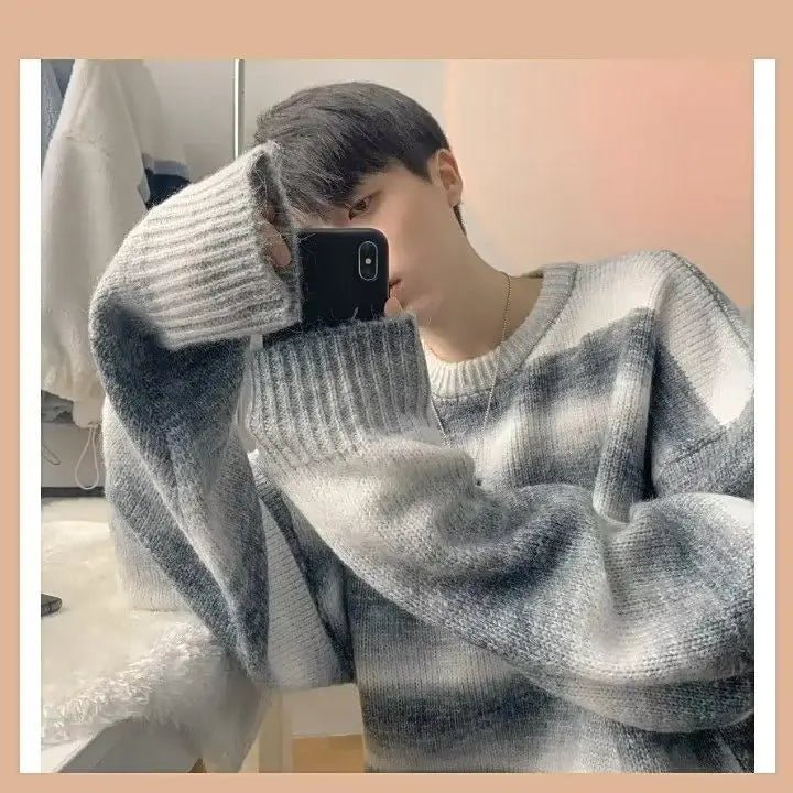 Hearujoy Gradient Sweater Men's Korean Version Trendy Loose and Lazy Style Line Jacket Cool and Versatile Round Neck Knitted Sweater