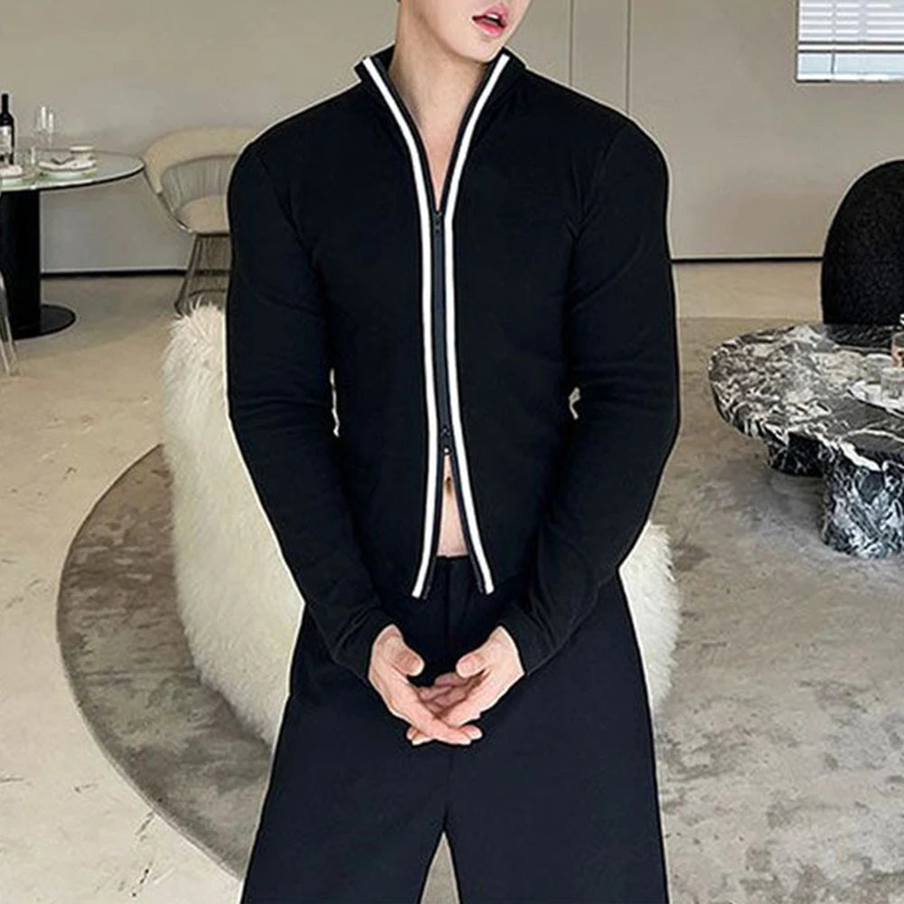 HEARUJOY  -  Men T-Shirt Slim Fit Contrast Color Two-Way Zipper T-Shirt Streetwear Personality Fashion Casual Long-Sleeve Tops Men'S Clothing