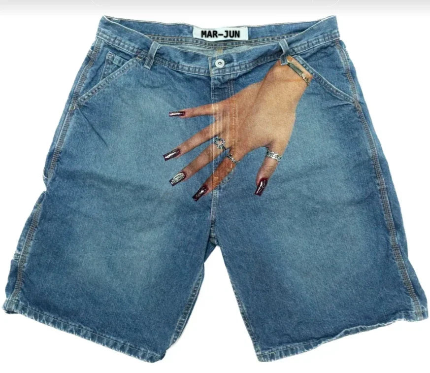 Hearujoy Harajuku Y2K Short Baggy Jeans Palm Print Graphic Pants Men Fashionstyle Denim Streetwear Gothic Sweatpants Shorts Men Clothing