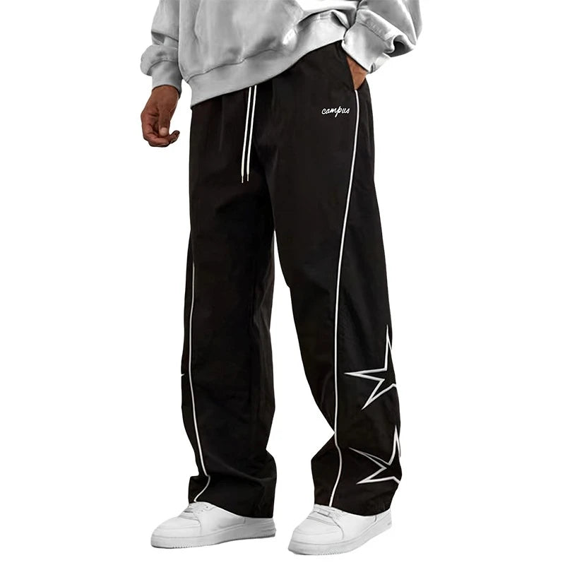 HEARUJOY  -  American Casual Baggy Pants Men Cargo Trousers High Street Drawstring Workwear Trendy Loose Versatile Straight Wide-Leg Pants