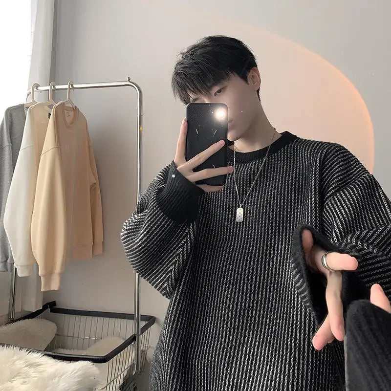 Hearujoy  Striped Knitted Sweater Coat Men Japanese Oversize Casual Autumn Winter Loose O-neck Pullovers for Man Streetwear