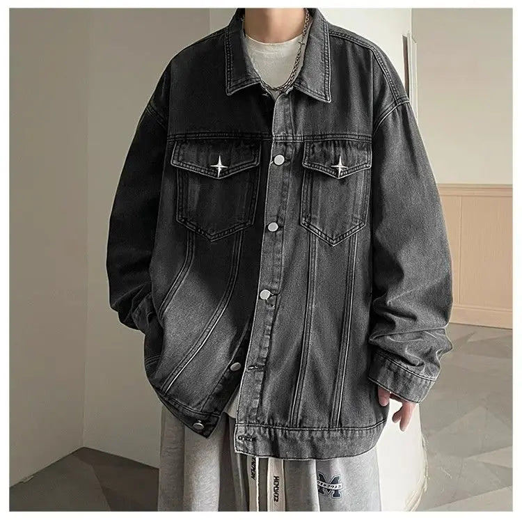 Hearujoy Versatile Fashion Atutumn Winter Men's Solid Casual Loose Pockets Denim Jacket Retro Coat Cool Boys Patchwork Pockets