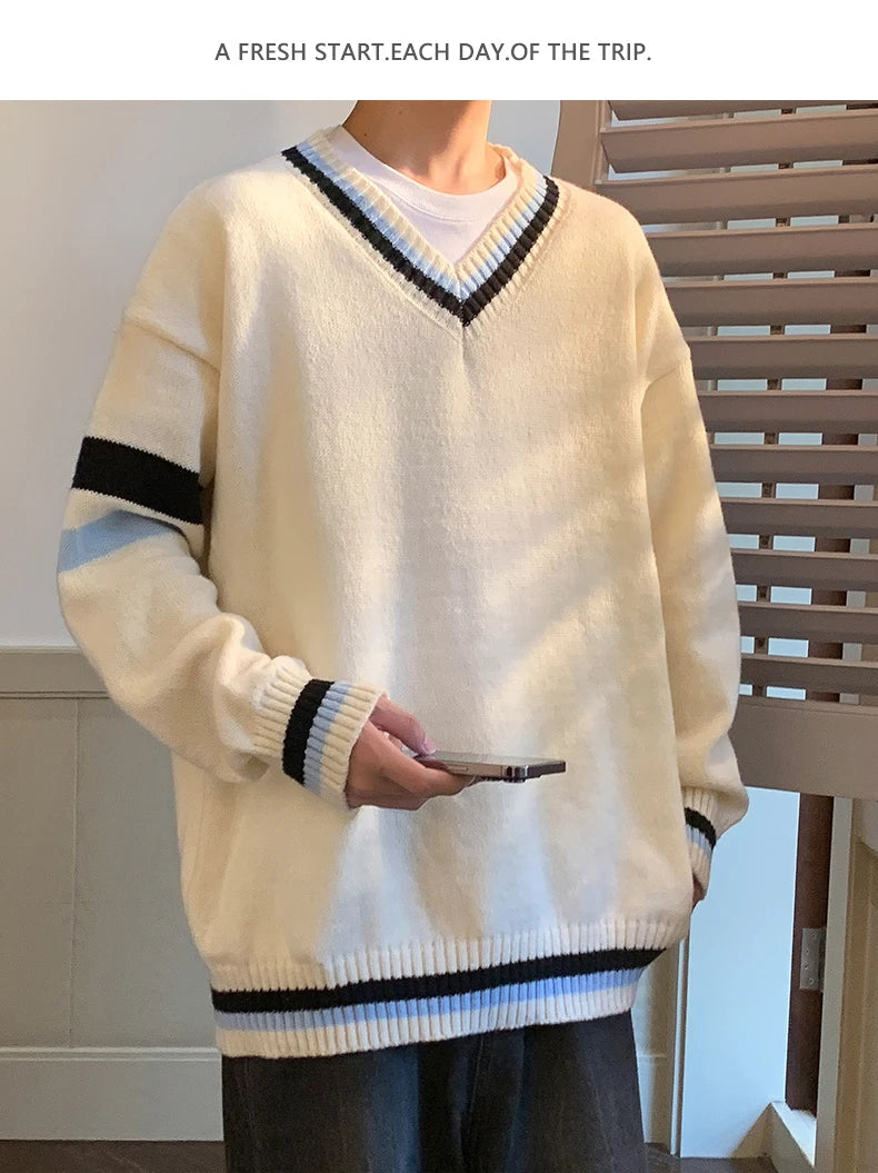 HEARUJOY  -  Preppy V-neck Sweater for Men Couples Pullovers Ins Knitted Top Autumn Korean Trendy Loose-fit Line Clothes for Students Youth