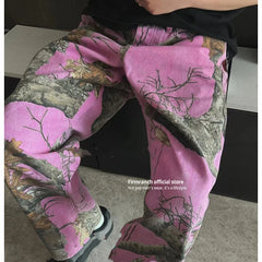 Hearujoy New American Fashion Men's Autumn Tree Printing Pink Jeans Clean Fit Vibe High Street Cotton Denim Pants