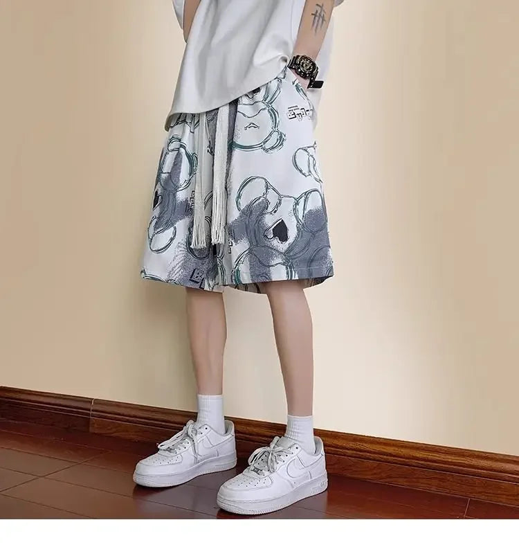 HEARUJOY  -  Men's New Spliced print Five-point Loose Drawstring Design Bear Print Shorts