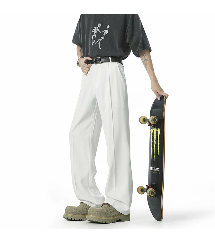HEARUJOY  -  Men's Straight Baggy Casual Pants Korean Slit Personality Suit Trousers Fashion Formal Business Male Streetwear Gray Black