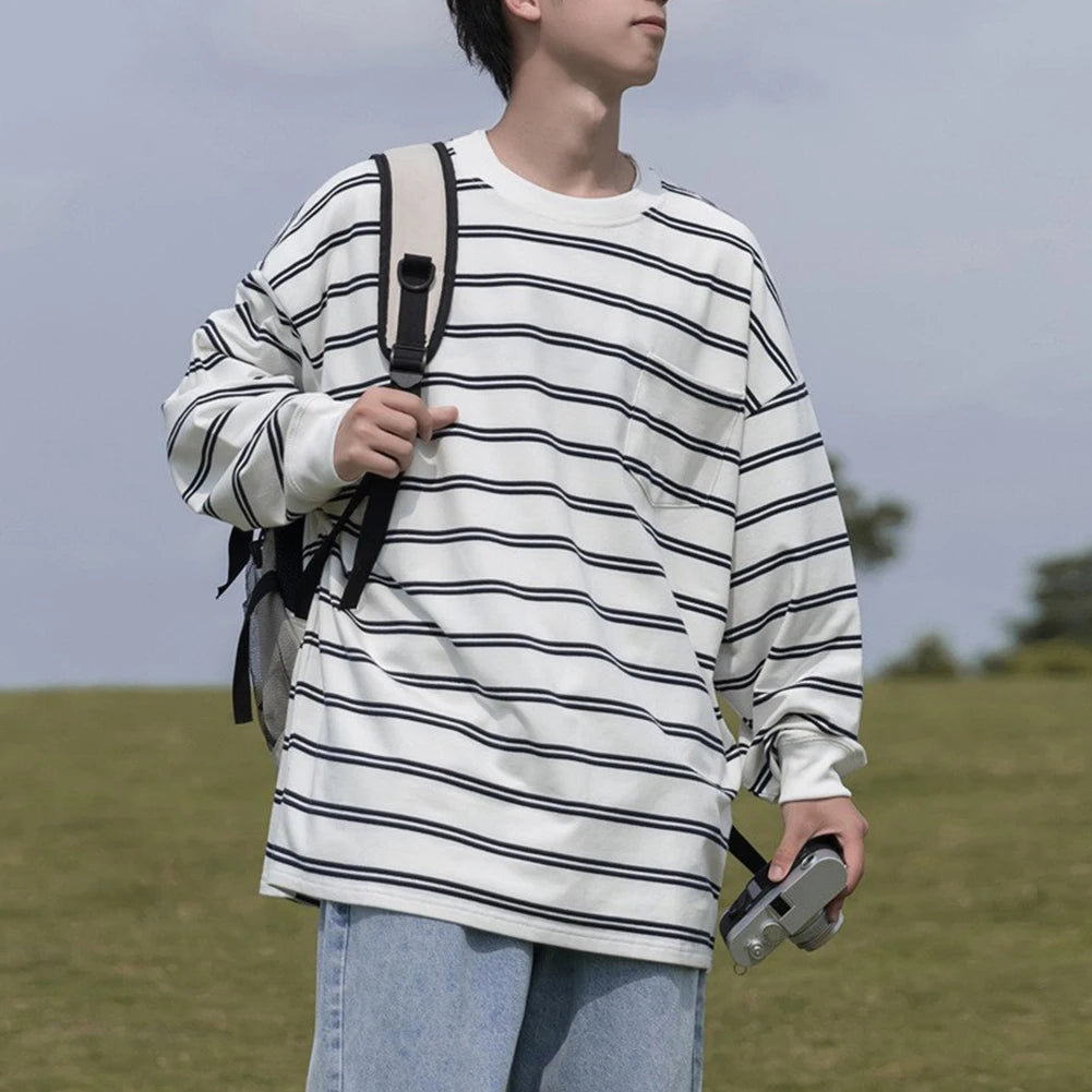 HEARUJOY  -  Casual Stripe Top Korean Style T-shirt Stripe Pattern Brand New Condition For Casual Wear Men Korean Style T-shirt