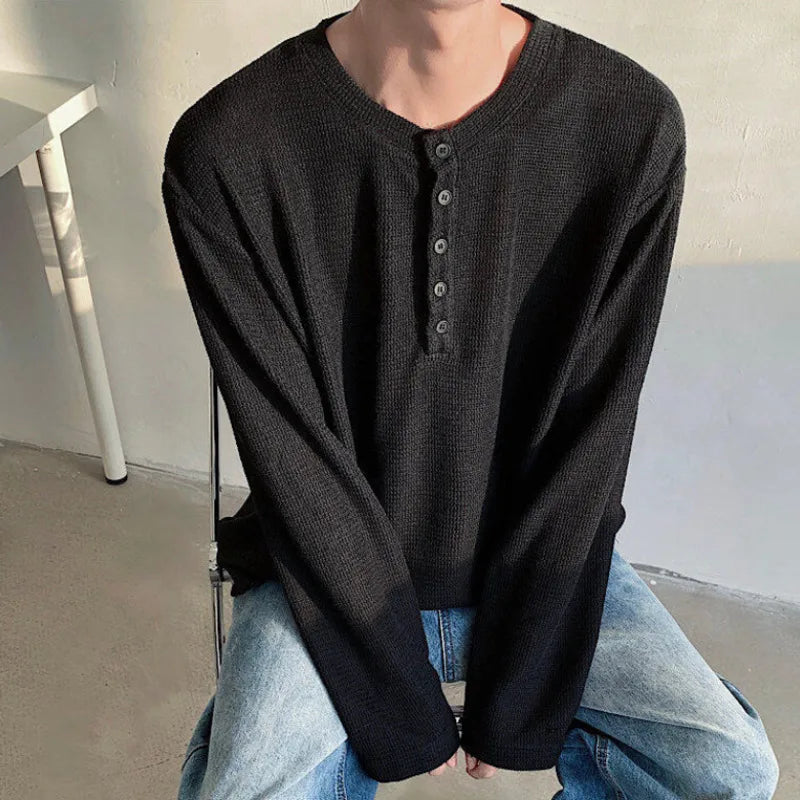 HEARUJOY  -  Spring Long Sleeved T-shirt Men Fashion Black Gray Casual T Shirt Men Streetwear Korean Loose Round Neck T Shirt Mens Top M-3XL