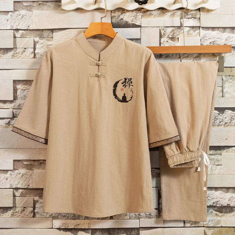 HEARUJOY  -  Summer Shirt + Trousers Men sets Chinese Style Men Shirt Cotton and Linen Shirts Men's High Quality Casual Shirts Two Piece Suit