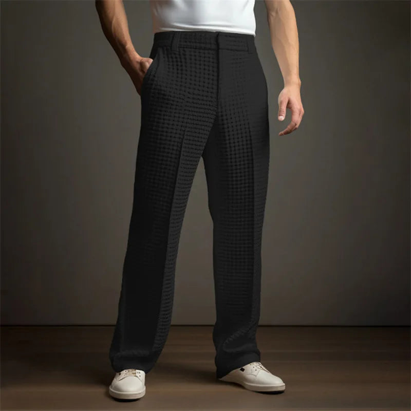 HEARUJOY  -  Business Casual Waffle Trousers Men Slant Insertion Pocket Straight Suit Pants Fashion Versatile Pants Leisure Vacation