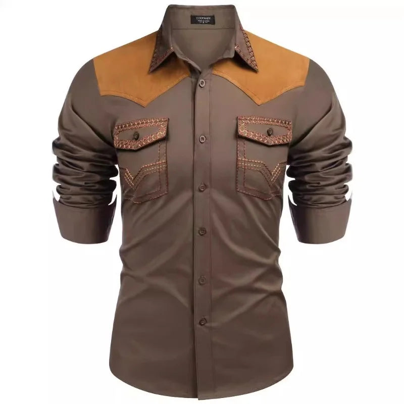 HEARUJOY  -  Men's Western Shirt, Long-sleeved Denim Shirt, Men's Casual Buttoned Color-blocked Shirt Top