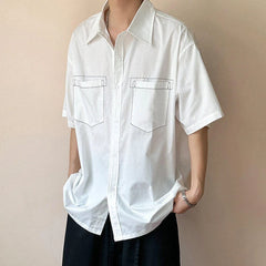 HEARUJOY  -  Men's Shirts Casual Line Design Turn-down Collar Short Sleeved Single Breasted Simple Loose Male Clothing Simple