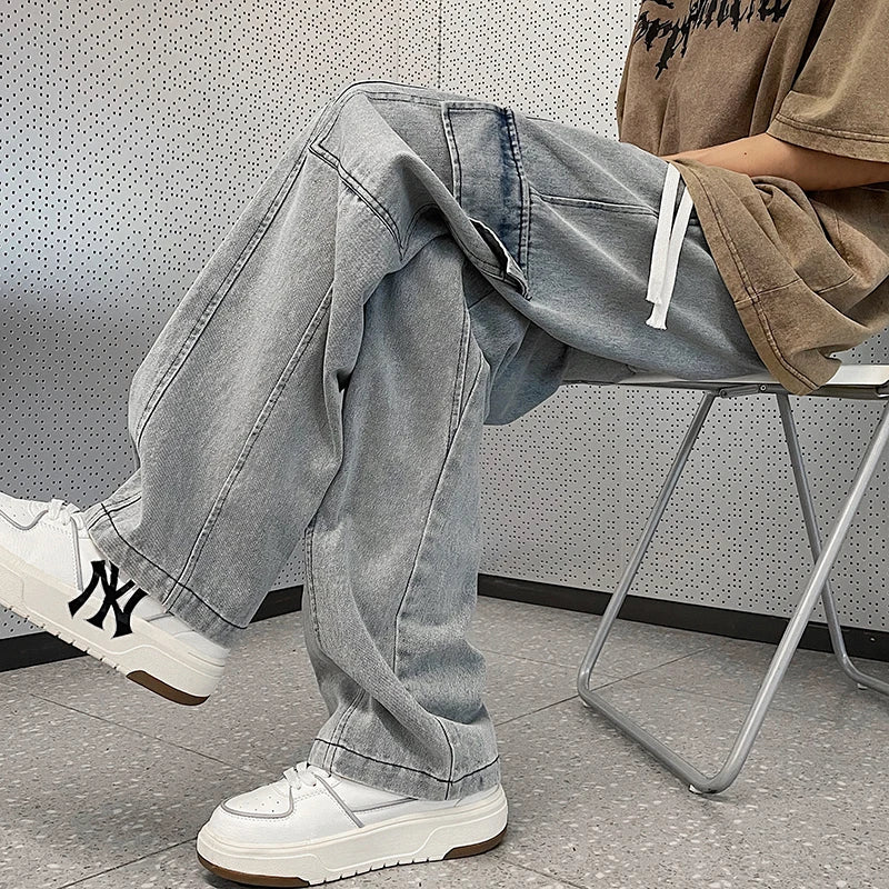 Hearujoy Men Jeans Loose Straight Tooling Denim Pants Men's Hip Hop Streetwear Neutral denim Trousers Elastic Waist Cargo jeans 5XL-M