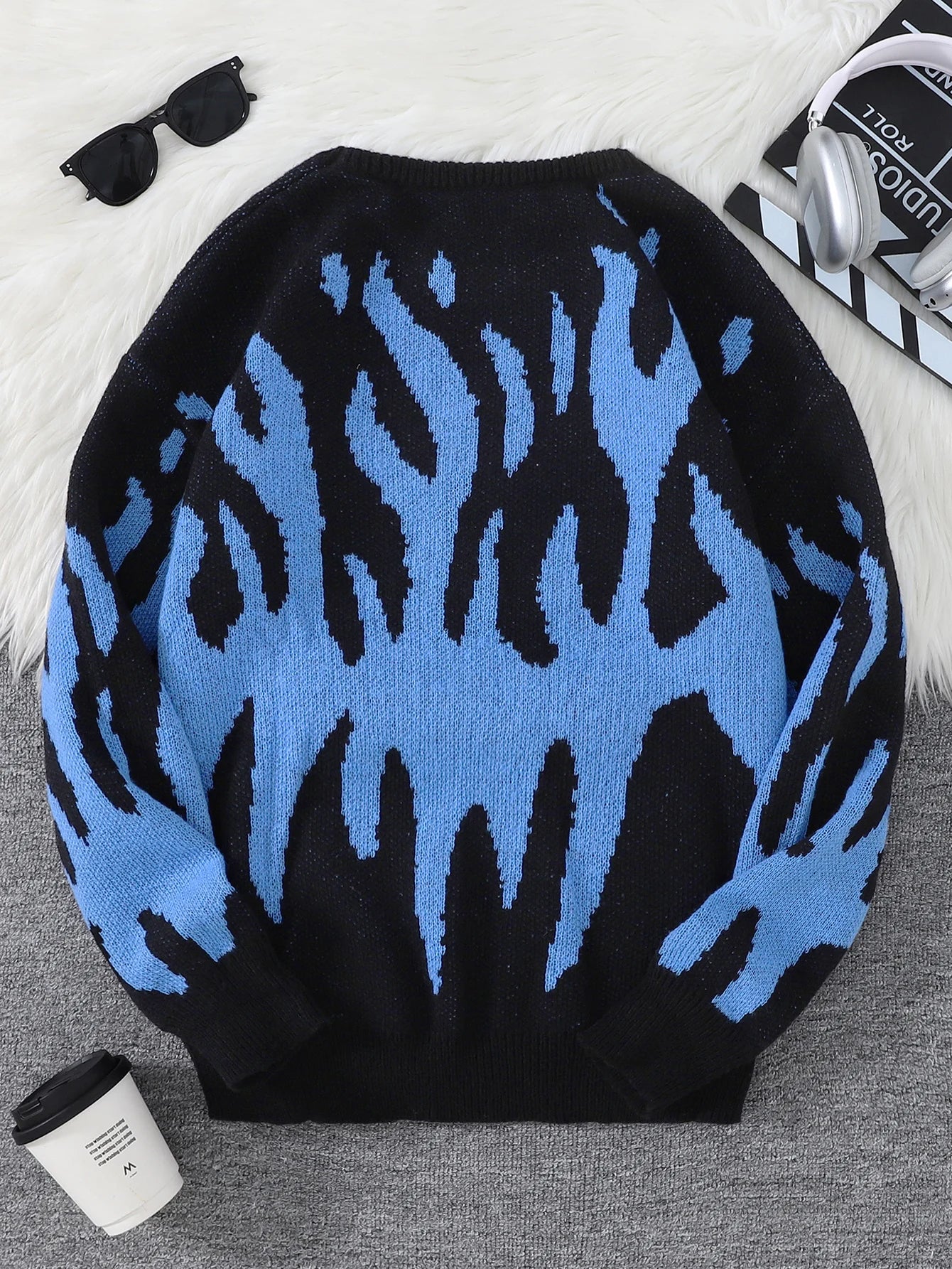 HEARUJOY  -  New Popular Fire Pattern Pullover Ripped Sweater Casual Round Neck Knitted Men's Gift Pullover