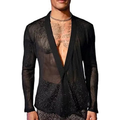 HEARUJOY  -  New Men's Fashion Transparent Mesh Shirt, V-neck Single-breasted Long-sleeved T-shirt, Cardigan Top