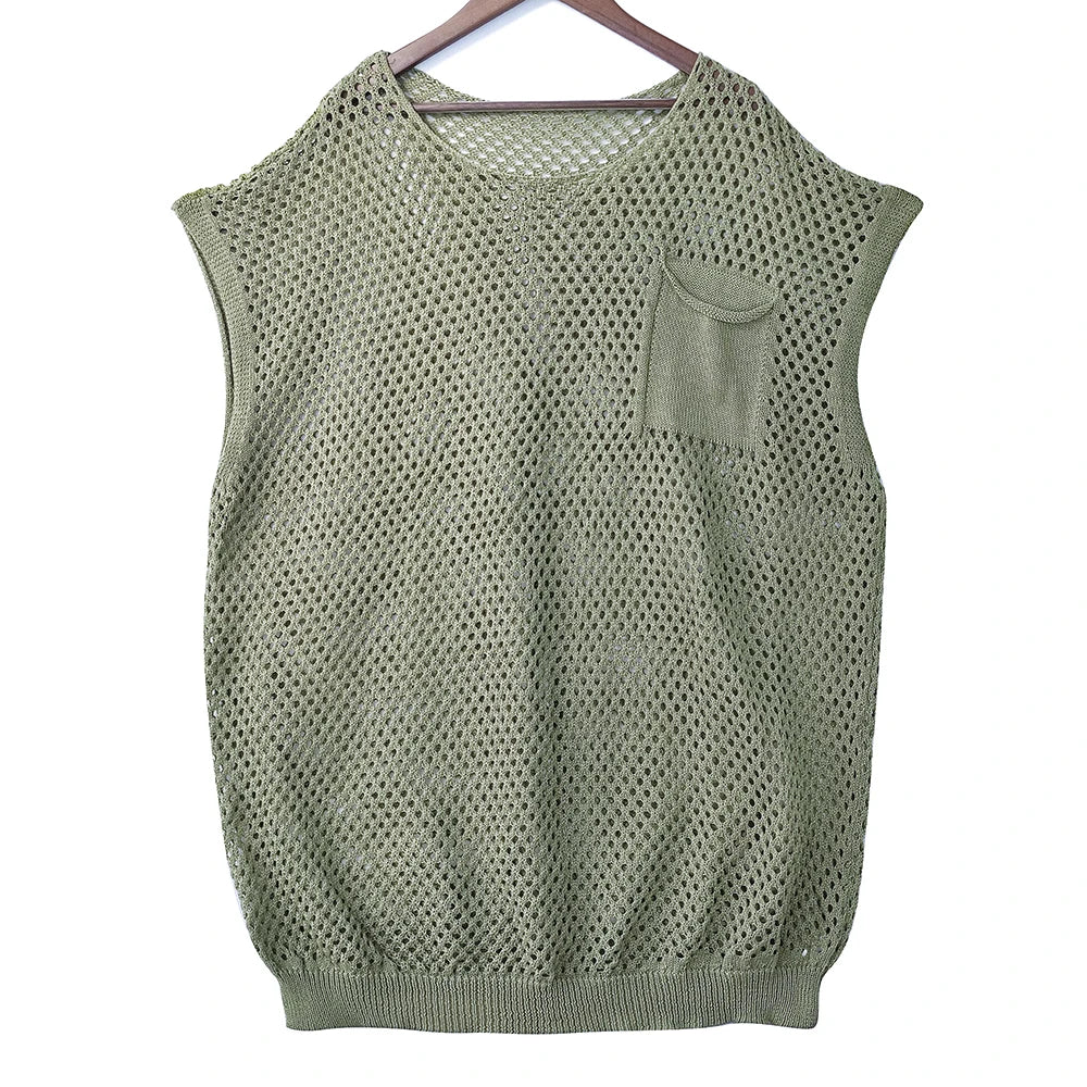 Hearujoy Green Knit Mesh Vest Men Transparent Sexy Men's Tank Tops Red See Through Men's Clothing Sleeveless Tee Streetwear