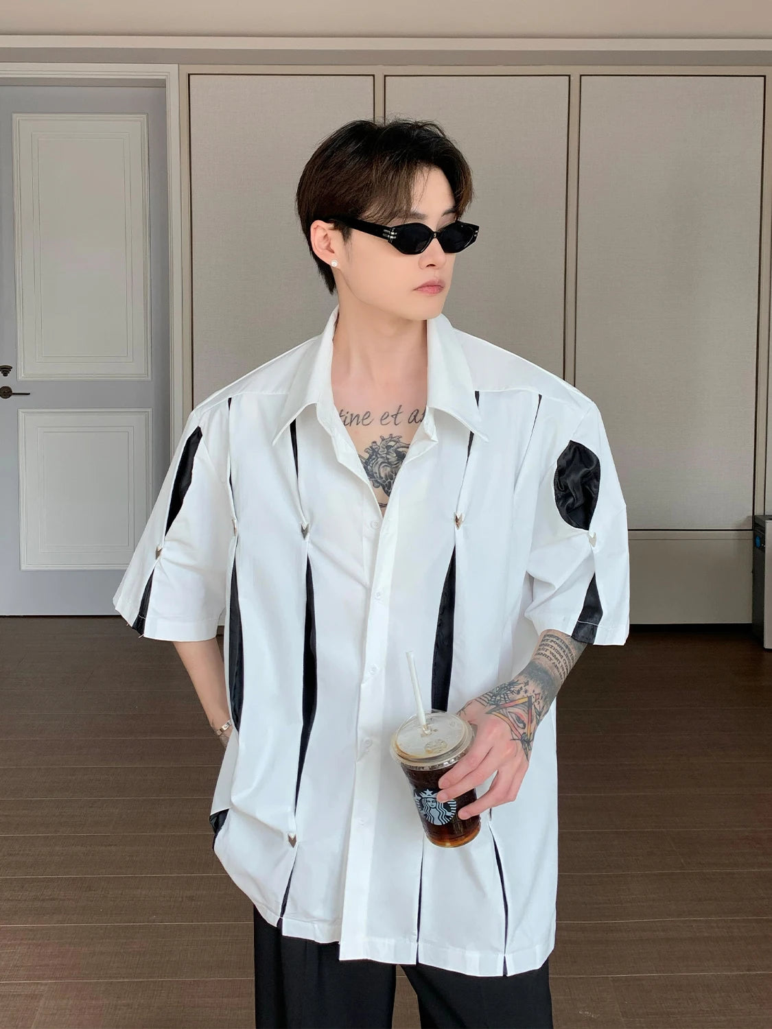 Hearujoy Summer Fashion Korean Short Sleeve Men Shirt  Loose Casual Shoulder Pad Shirt Turn-down Collar Pocket Simple Shirts