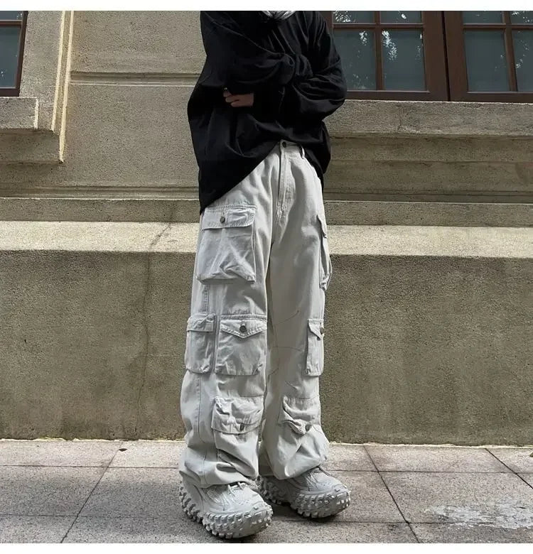 Hearujoy Harajuku Retro Solid Multi Pocket Wide Leg Cargo Pants Functional High Waist Pants Style Hip-Hop Straight Trousers Women Jeans