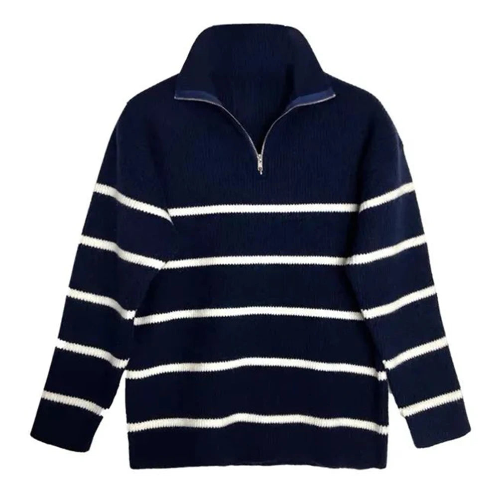 Hearujoy Men's Autumn Winter Striped Half-Zip Long-Sleeved Knitted Sweater 2023 New Trendy Casual Loose Comfortable Color-Blocked Sweater