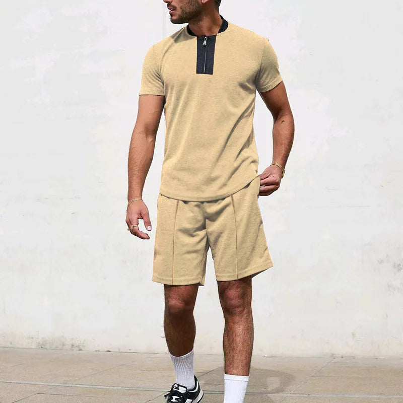 HEARUJOY  -  Men's Tracksuit 2 Piece Set Waffle V-neck Zipper Short Sleeve T Shirt And Shorts Summer Casual Fashion Sport Suit  Man Clothing
