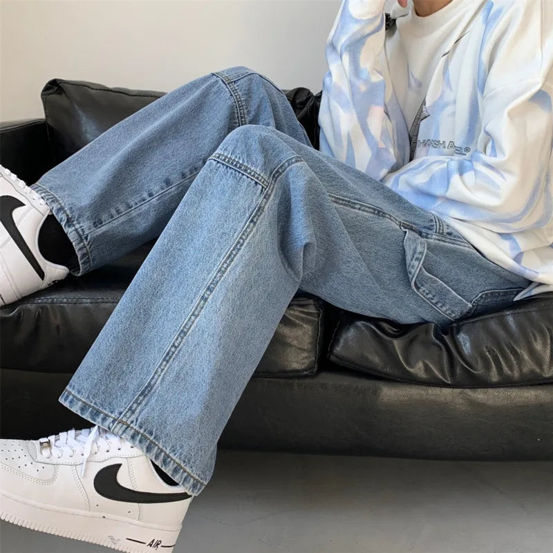 Hearujoy Blue White Black Baggy Jeans Men Fashion Casual Wide Leg Jeans Men Streetwear Loose Hip Hop Straight Denim Pants Mens Trousers